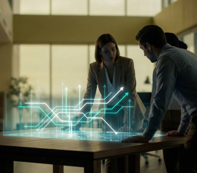 Three professionals discuss a glowing digital strategy blueprint with upward arrows on a table in a modern office.