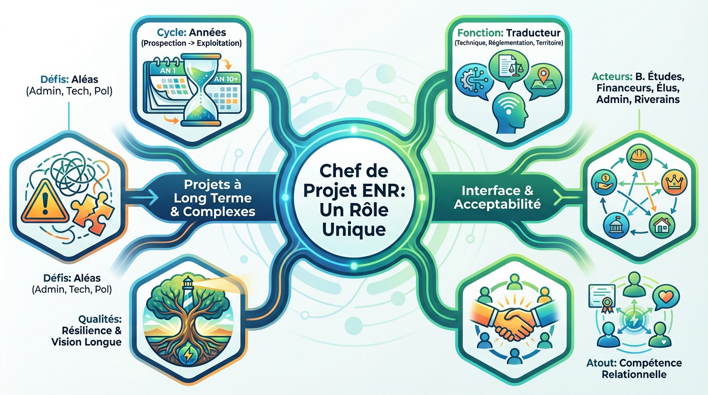Infographie illustrant le rôle unique et les compétences du chef de projet ENR face aux enjeux techniques et territoriaux