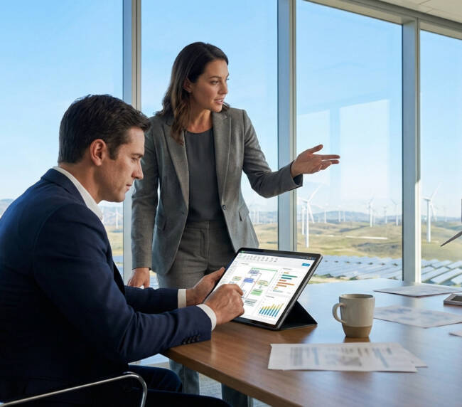 Two business professionals in a modern office discussing plans on a tablet, with a panoramic view of a wind and solar farm.