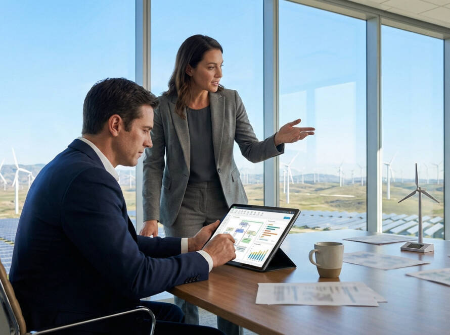 Two business professionals in a modern office discussing plans on a tablet, with a panoramic view of a wind and solar farm.