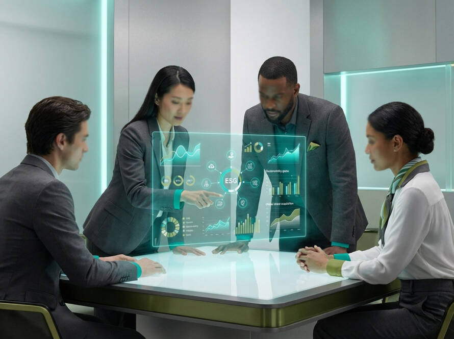 Diverse team reviewing ESG data on a transparent holographic screen in a modern, teal and olive-accented workspace.