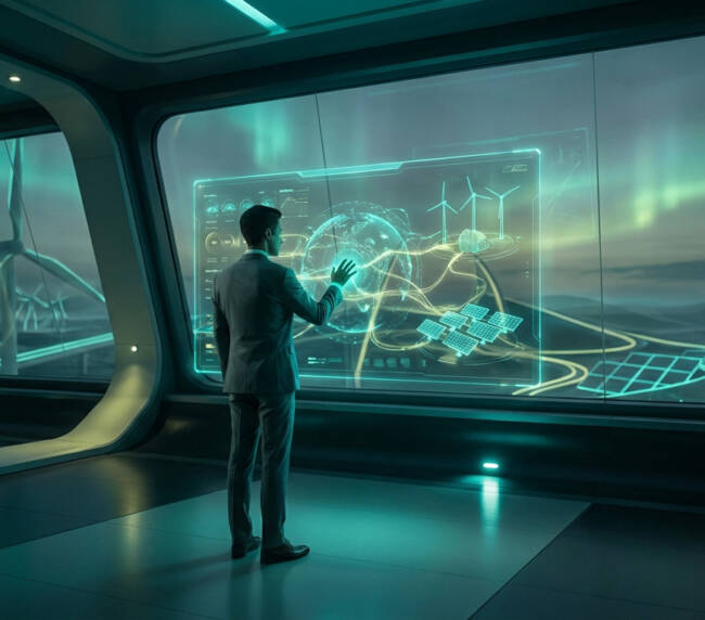 Man in suit touches glowing holographic display of green energy networks, wind turbines, and solar panels in a futuristic room.