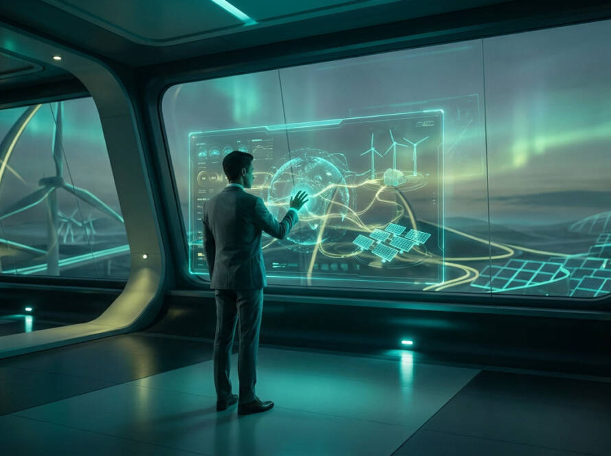 Man in suit touches glowing holographic display of green energy networks, wind turbines, and solar panels in a futuristic room.