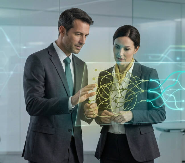 Two professionals analyze a holographic recruitment network display showing problematic (yellow) and optimized (teal) connections in a modern office.