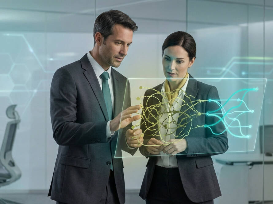 Two professionals analyze a holographic recruitment network display showing problematic (yellow) and optimized (teal) connections in a modern office.