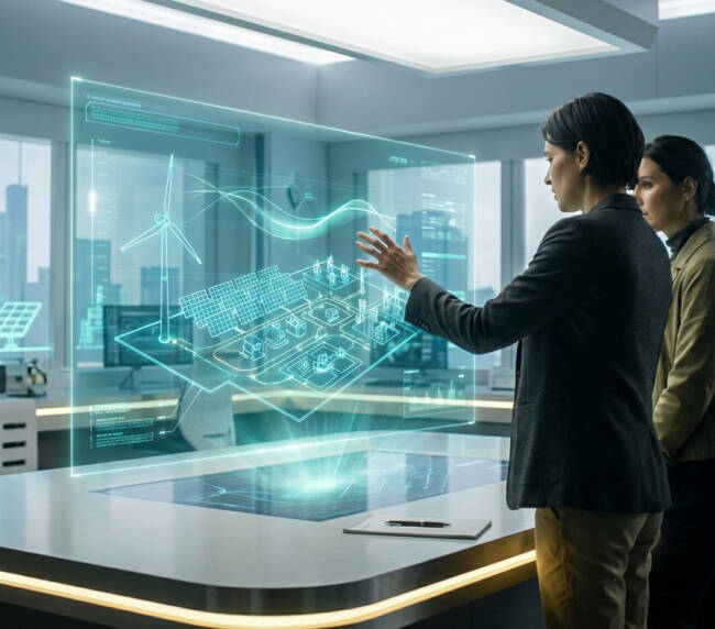 Two individuals analyze renewable energy schematics on a holographic display in a futuristic office, emphasizing teal tech and khaki attire.