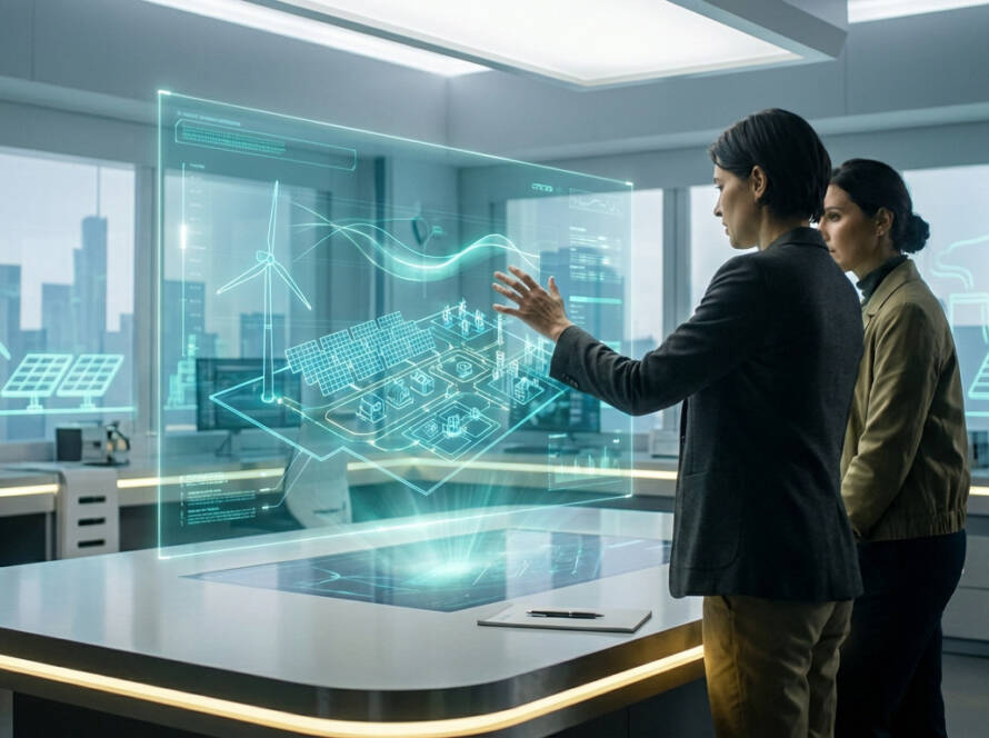 Two individuals analyze renewable energy schematics on a holographic display in a futuristic office, emphasizing teal tech and khaki attire.