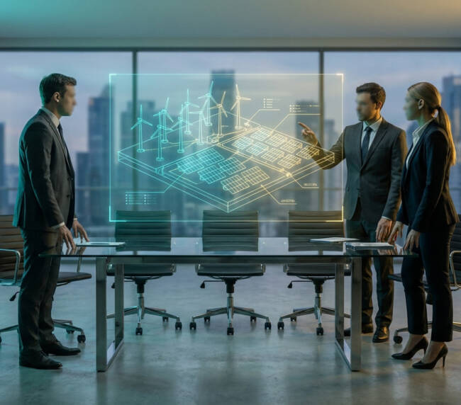 Three professionals in a modern office discuss a holographic blueprint of a renewable energy project with wind turbines and solar panels.