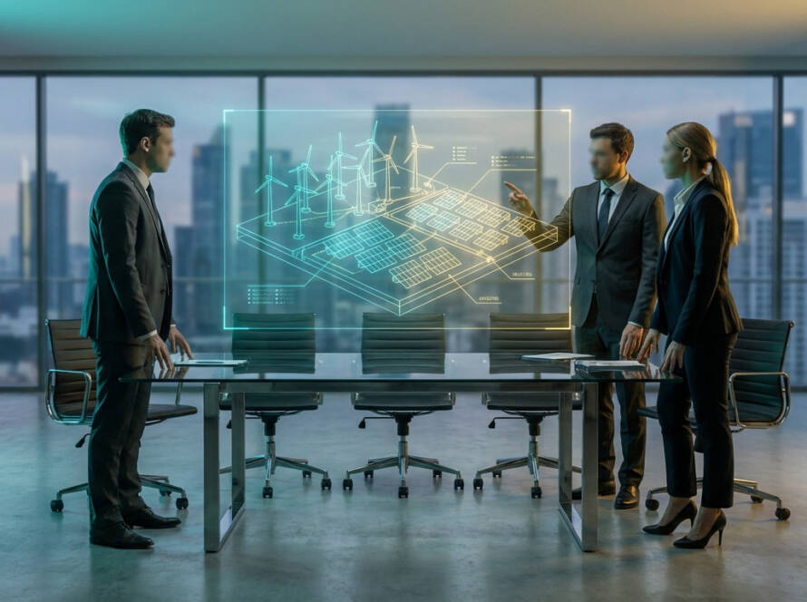 Three professionals in a modern office discuss a holographic blueprint of a renewable energy project with wind turbines and solar panels.