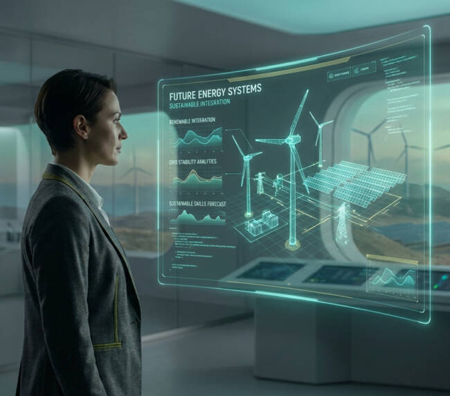 Femme face à un écran holographique futuriste. Il montre données et modèles 3D d'éoliennes et panneaux solaires, avec parcs réels à l'horizon.