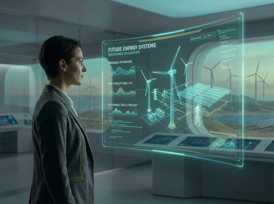 Femme face à un écran holographique futuriste. Il montre données et modèles 3D d'éoliennes et panneaux solaires, avec parcs réels à l'horizon.