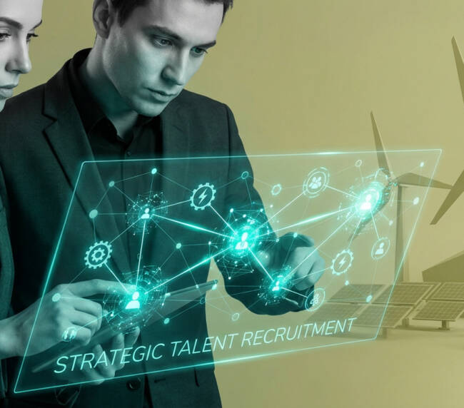 Deux professionnels interagissent avec un écran holographique de recrutement de talents devant des éoliennes et panneaux solaires.