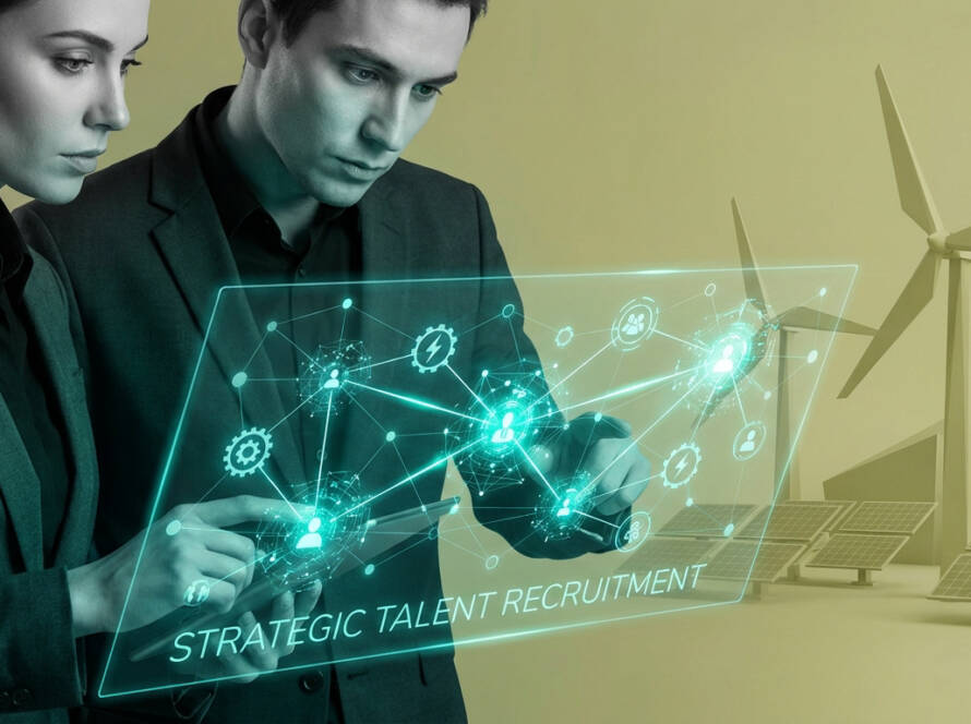 Deux professionnels interagissent avec un écran holographique de recrutement de talents devant des éoliennes et panneaux solaires.