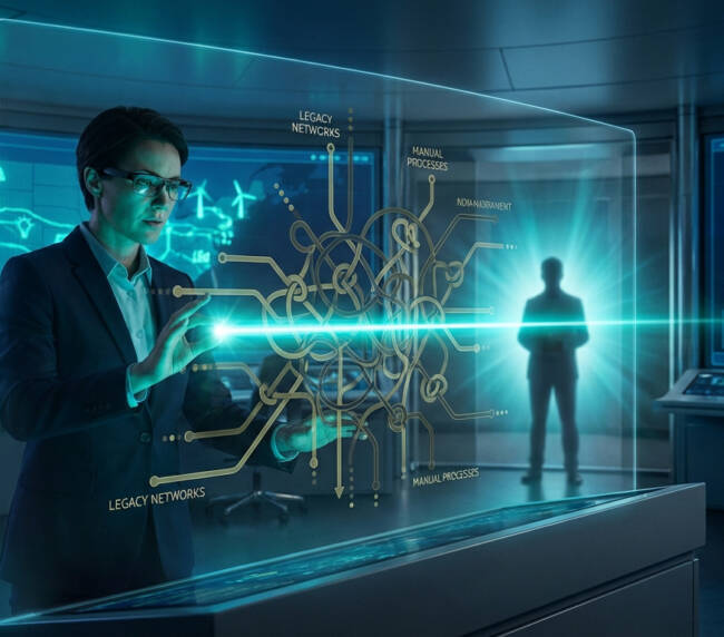 Une femme en costume interagit avec un diagramme holographique complexe sur les réseaux. Des écrans affichent l'énergie ENR en arrière-plan.