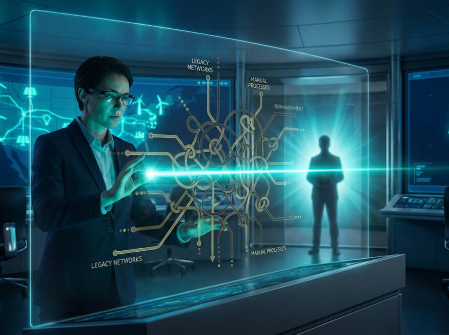 Une femme en costume interagit avec un diagramme holographique complexe sur les réseaux. Des écrans affichent l'énergie ENR en arrière-plan.