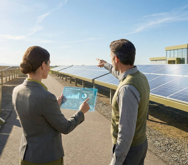 Deux professionnels analysent un champ de panneaux solaires sous le soleil, l'un tenant une tablette affichant des données.