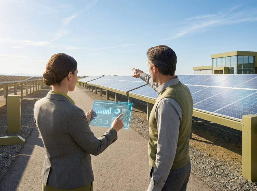 Deux professionnels analysent un champ de panneaux solaires sous le soleil, l'un tenant une tablette affichant des données.