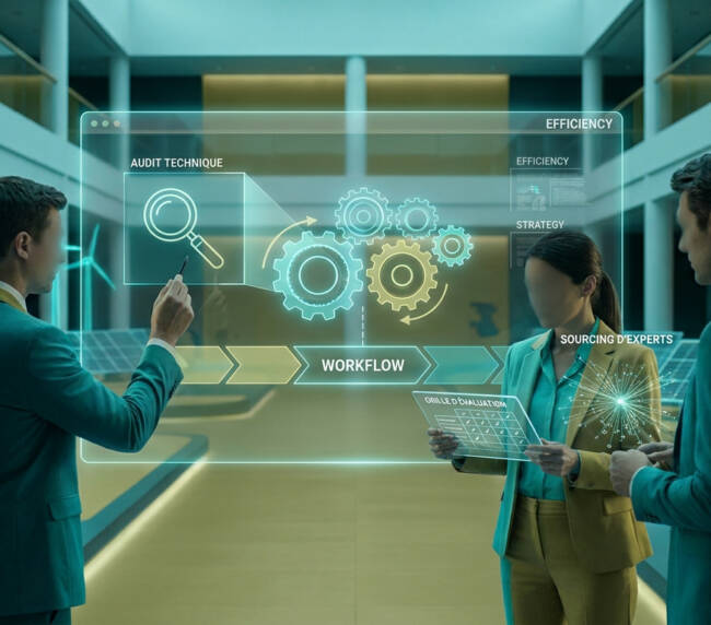 Professionnels analysant des données de recrutement sur un écran holographique dans un environnement futuriste.