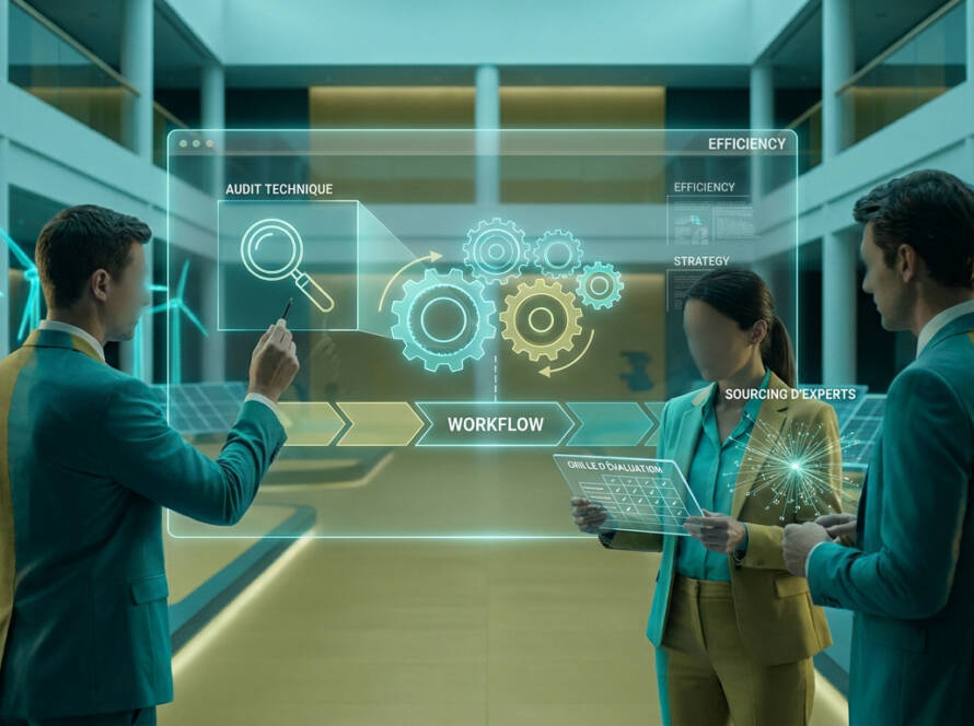 Professionnels analysant des données de recrutement sur un écran holographique dans un environnement futuriste.