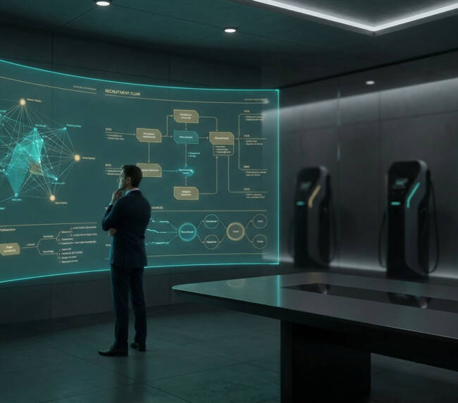 Un professionnel en costume analyse des flux de recrutement et des réseaux techniques sur un écran holographique futuriste.