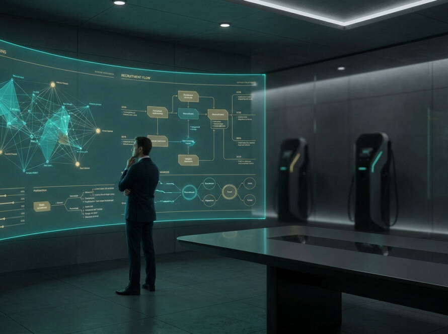Un professionnel en costume analyse des flux de recrutement et des réseaux techniques sur un écran holographique futuriste.