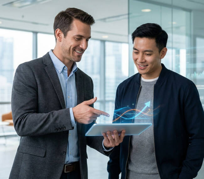 Deux professionnels dans un bureau moderne examinant une tablette avec un graphique de croissance en hologramme.