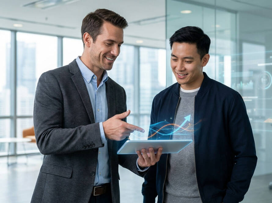 Deux professionnels dans un bureau moderne examinant une tablette avec un graphique de croissance en hologramme.