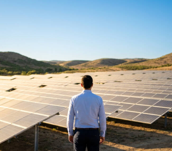 Un homme en chemise face à un vaste champ de panneaux solaires sous un ciel bleu dégagé.