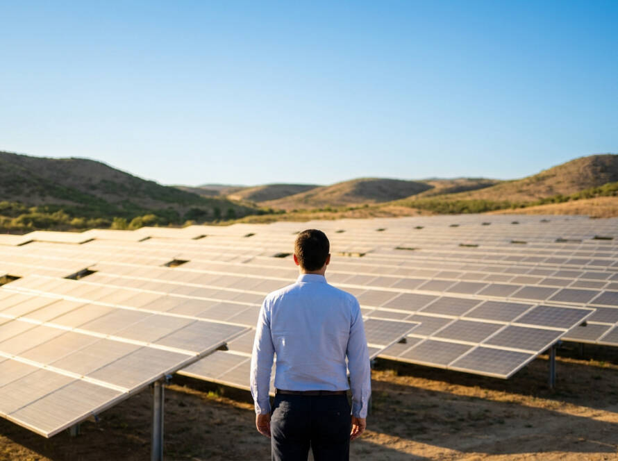 Un homme en chemise face à un vaste champ de panneaux solaires sous un ciel bleu dégagé.