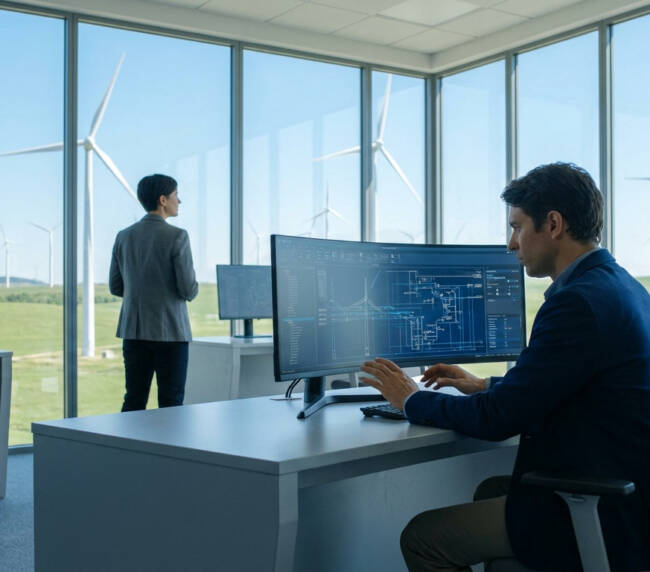 Un chef de projet éolien travaille sur un écran incurvé dans un bureau moderne avec vue sur un parc d'éoliennes.