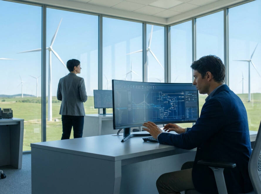 Un chef de projet éolien travaille sur un écran incurvé dans un bureau moderne avec vue sur un parc d'éoliennes.