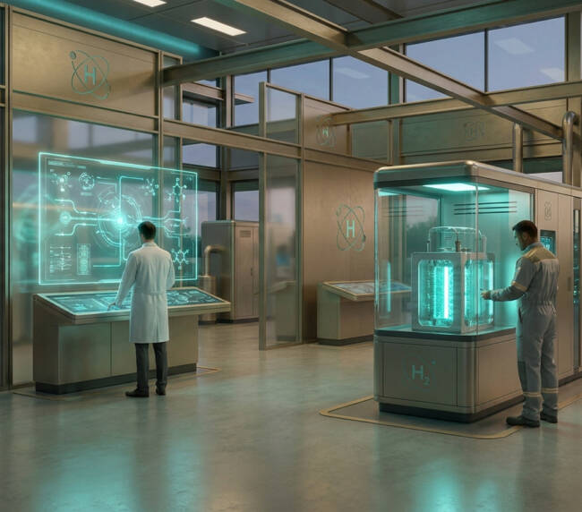 Deux ingénieurs travaillent dans un laboratoire moderne sur une technologie d'hydrogène vert avec des écrans holographiques.
