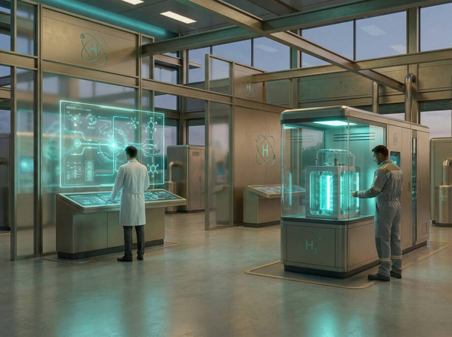 Deux ingénieurs travaillent dans un laboratoire moderne sur une technologie d'hydrogène vert avec des écrans holographiques.