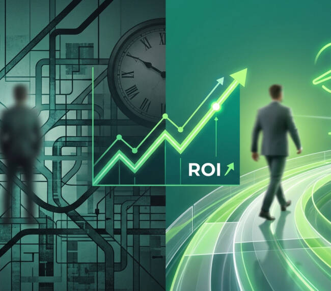 Illustration montrant un contraste entre une gestion interne complexe et une externalisation efficace dans le secteur ENR.
