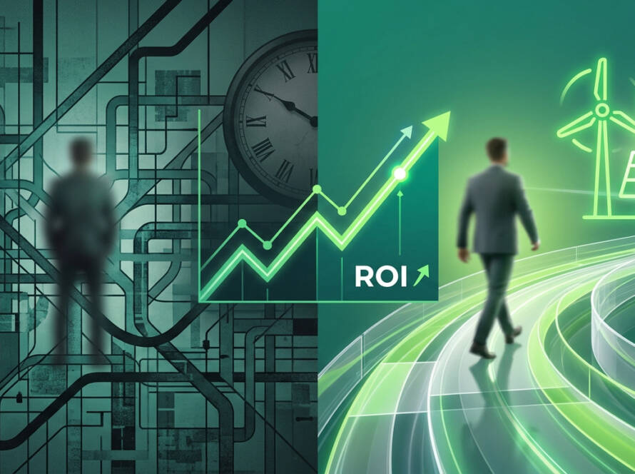 Illustration montrant un contraste entre une gestion interne complexe et une externalisation efficace dans le secteur ENR.